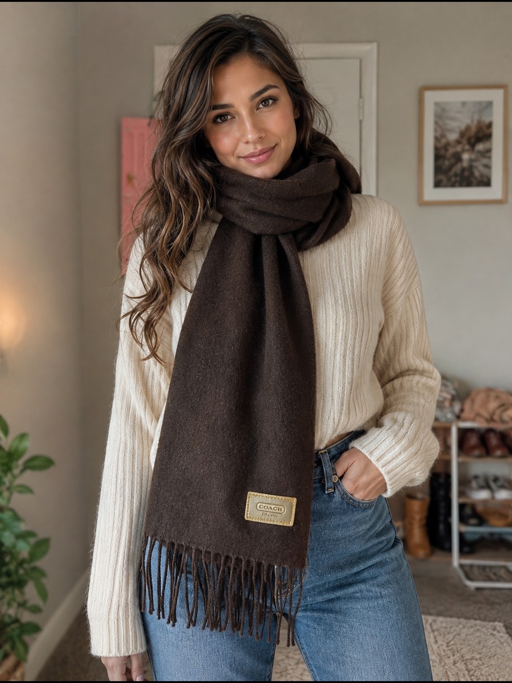 Coach Dark Brown Fringe 70% Wool/30%cashmere Blend Scarf